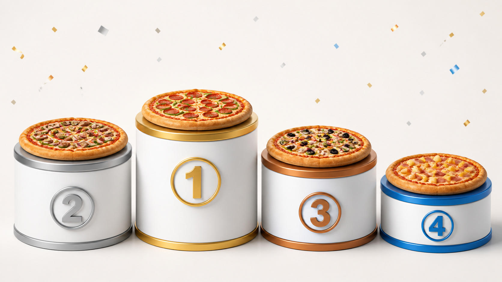 Podio de cuatro puestos con una pizza sobre cada pedestal